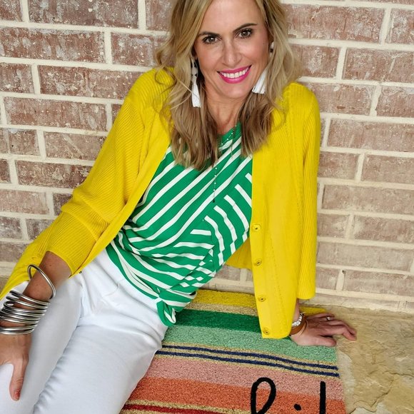 EUC CAbi Amelia Tank Green White Diagonal Horizontal Stripes #5758 - Picture 8 of 8